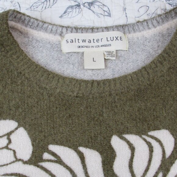 EUC Saltwater luxe floral ganna sweater moss green ivory womens size Large L - Picture 2 of 6